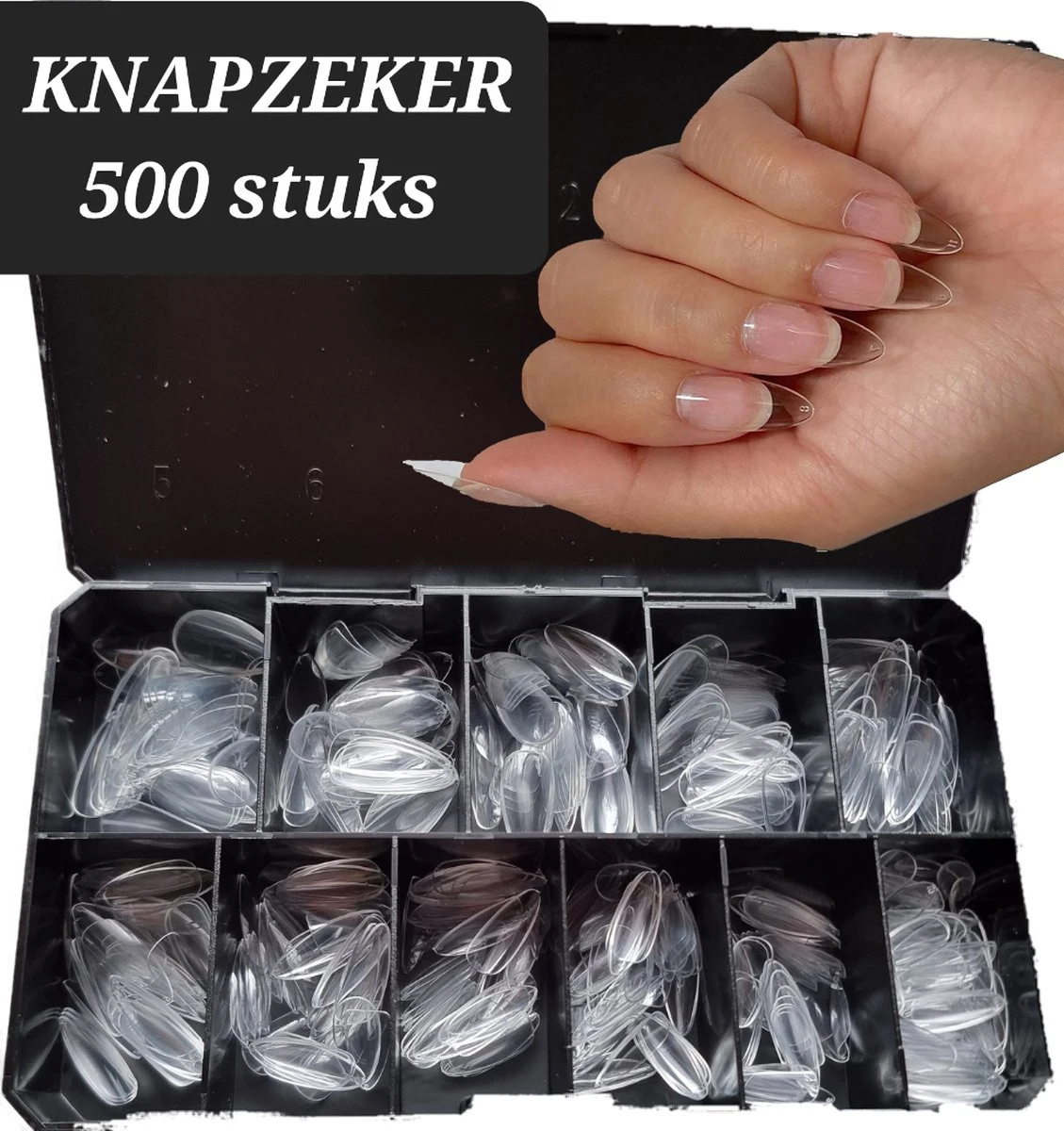 Knapzeker Gelly Tips Medium Almond 500 Stuks 12 maten - plaknagels met lijm in Doos + Knapzeker nagelvijl 100/180 - transparant nageltips full cover voor acryl - gel nails- nepnagels soak off Knapzeker Gelly Tips Medium Almond 500 Stuks 12 Maten - Plaknagels Met Lijm In Doos + Knapzeker Nagelvijl 100/180 - Transparant Nageltips Full Cover Voor Acryl - Gel Nails- Nepnagels Soak Off -Nagelbenodigdheden