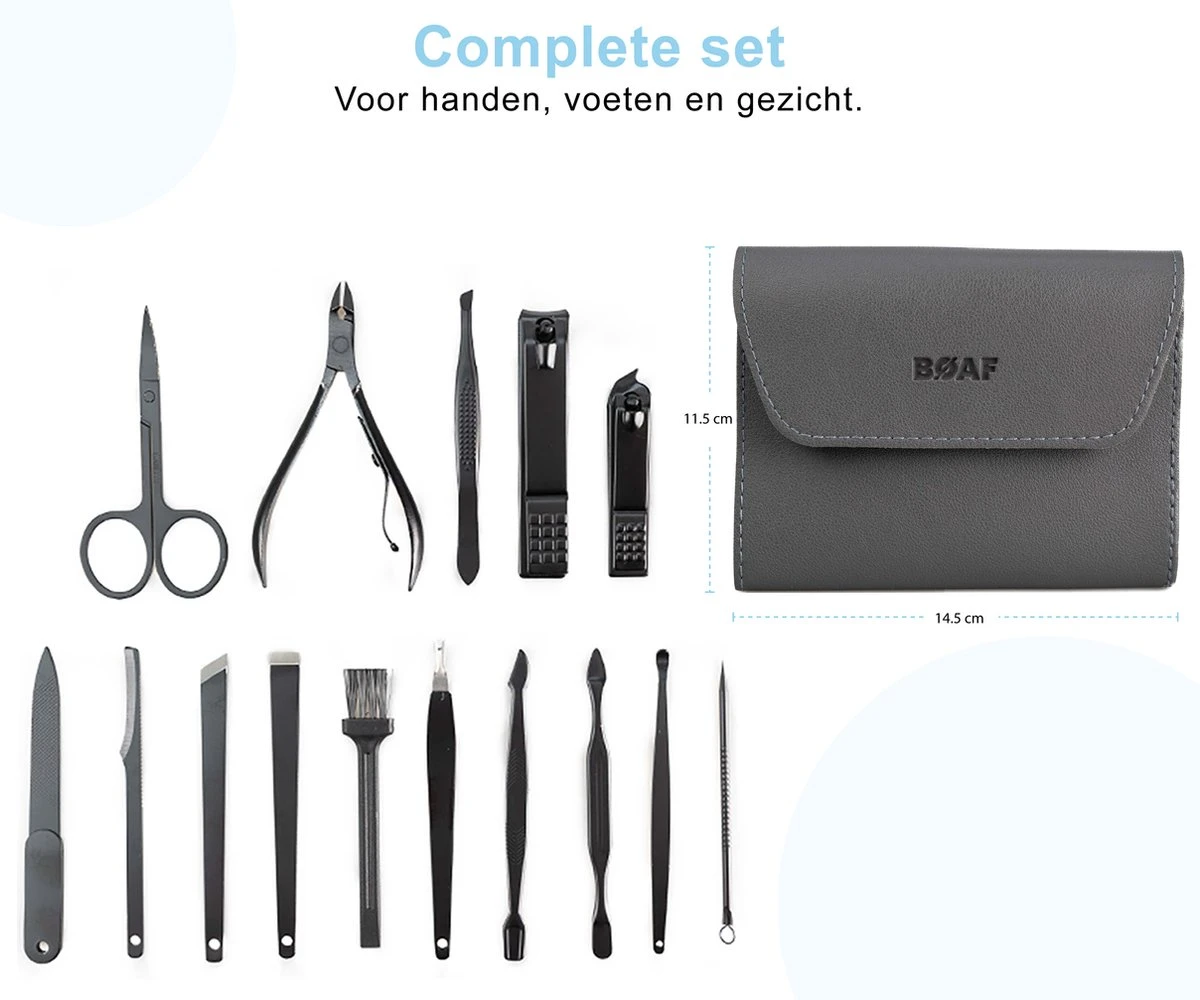 Luxe 16-delige | Manicure set | Met lederen opbergetui | Manicureset | Nagelknipper | Grijs Merkloos Luxe 16-delige | Manicure Set | Met Lederen Opbergetui | Manicureset | Nagelknipper | Grijs -Nagelbenodigdheden 1200x1000 3