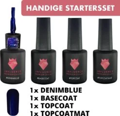 #DENIMBLUESERIE - Influence Gellac - Blauwe Gellak - Gellak Blauw UV - UV Gellak - Gel Nagellak - Basecoat - Topcoat - Topcoatmat - No Wipe - Startersset - Kado Vrouw - Valentijns Cadeau - Kado Voor Haar - 4 X 10 Ml