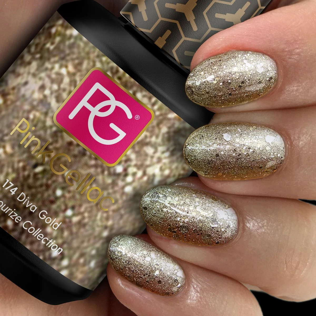 Pink Gellac - Diva Gold - Gellak - Vegan - Goud - Glitter - 15ml Pink Gellac - Diva Gold - Gellak - Vegan - Goud - Glitter - 15ml -Nagelbenodigdheden 1200x1200 13