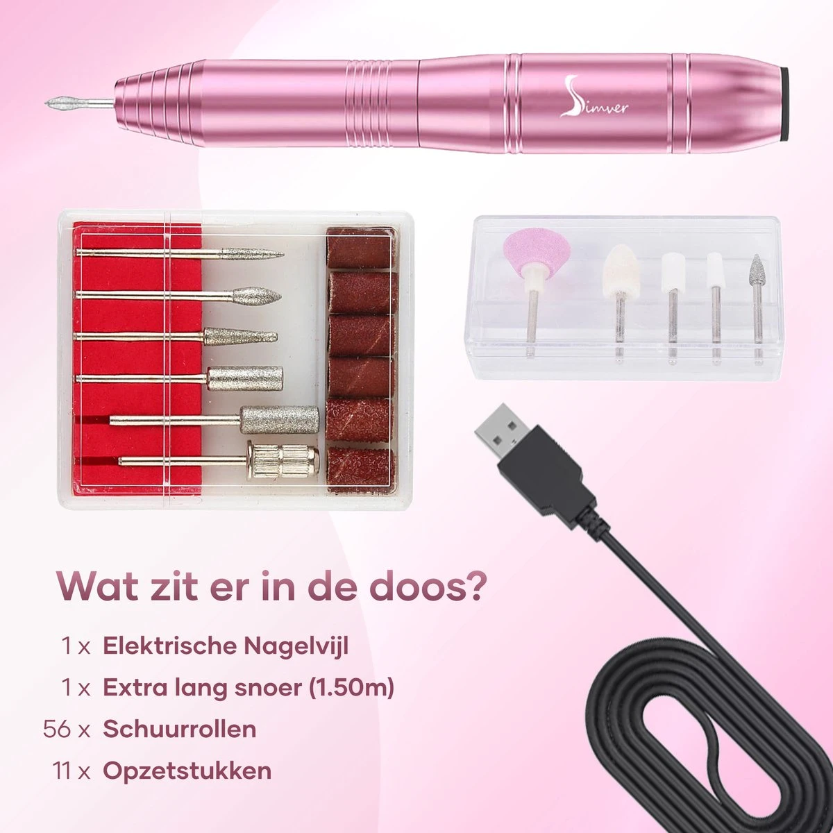 Simver Elektrische Nagelfrees - 11 Nagelvijl Bitjes en 56 Schuurrolletjes - Manicure / Pedicure - Roze - Cadeautip - Kerstcadeau Simver Elektrische Nagelfrees - 11 Nagelvijl Bitjes En 56 Schuurrolletjes - Manicure / Pedicure - Roze - Cadeautip - Kerstcadeau -Nagelbenodigdheden 1200x1200 931
