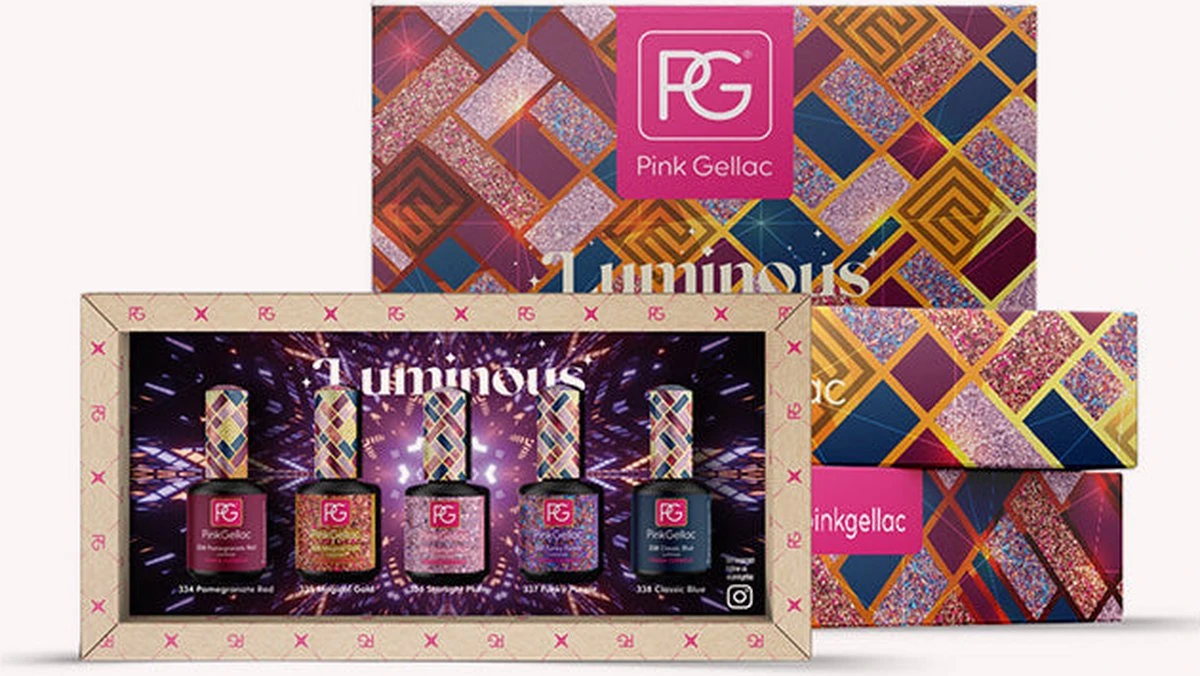 Pink Gellac - Color Box Luminous - Gellak - Set van 3 glitter en 2 effen kleuren Pink Gellac - Color Box Luminous - Gellak - Set Van 3 Glitter En 2 Effen Kleuren -Nagelbenodigdheden