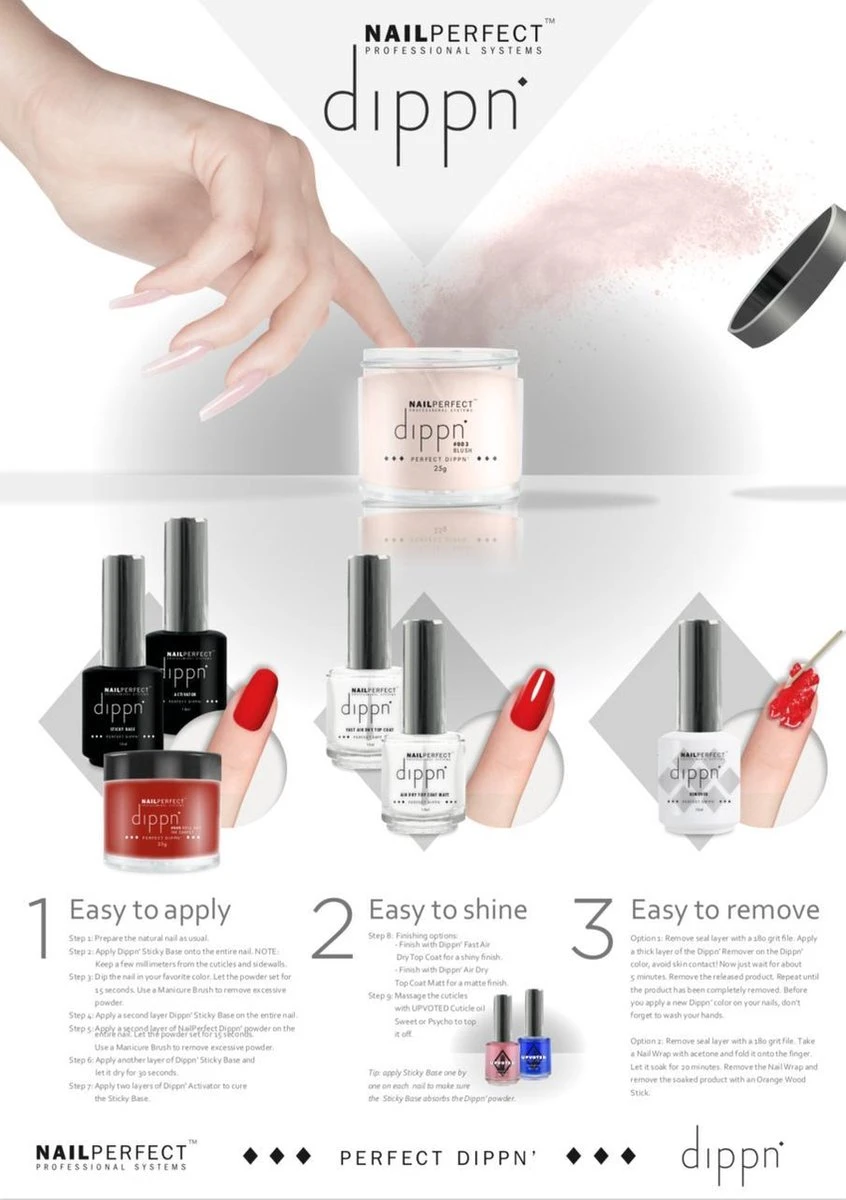 Dip poeder Starter Kit - NailPerfect - Dippn Kit (Dippn' Sticky Base 15ml, Dippn' Activator 15ml, Dippn' Fast Dry Top Coat 15ml, Dippn' 004 Cover = Zacht Roze 25 gram) Dip Poeder Starter Kit - NailPerfect - Dippn Kit (Dippn' Sticky Base 15ml, Dippn' Activator 15ml, Dippn' Fast Dry Top Coat 15ml, Dippn' 004 Cover = Zacht Roze 25 Gram) -Nagelbenodigdheden 846x1200 1