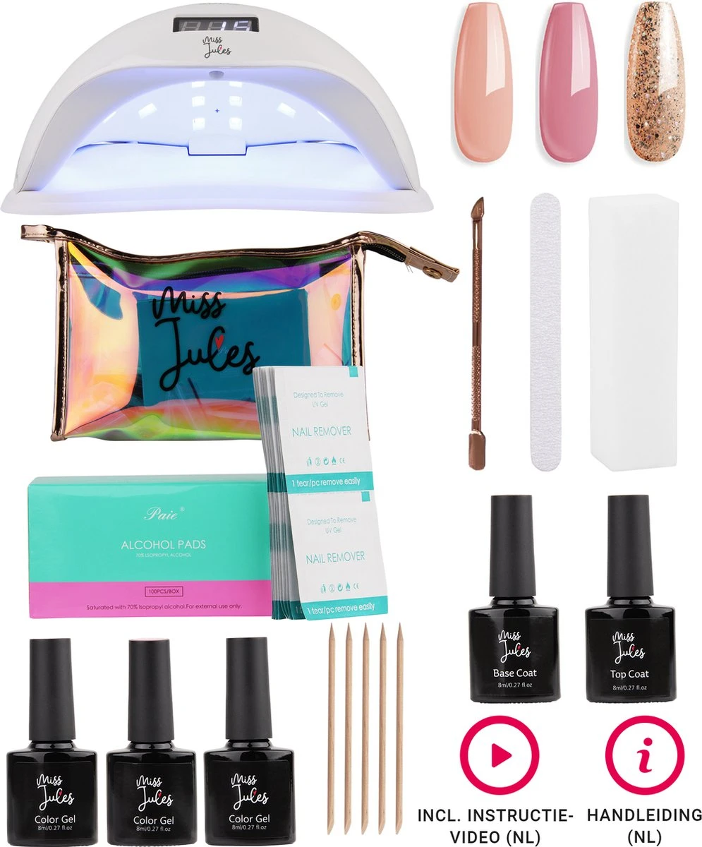 Miss Jules - Complete Gellak Starterspakket - Kleur Nude Roze Glitter - Glanzend & Dekkend resultaat - Inclusief UV/LED lamp & Instructievideo (NL) Miss Jules - Complete Gellak Starterspakket - Kleur Nude Roze Glitter - Glanzend & Dekkend Resultaat - Inclusief UV/LED Lamp & Instructievideo (NL) -Nagelbenodigdheden 995x1200 1